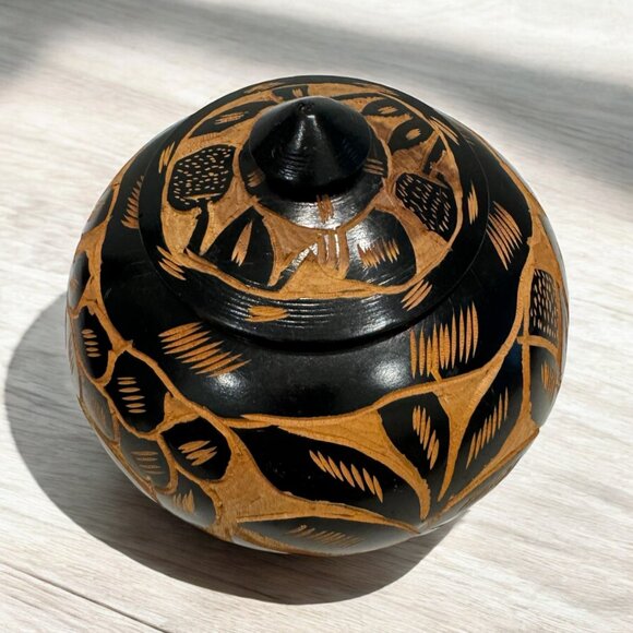Carved Dark Wood Round Jar Container Box with Lid Boho Eclectic Decor - Picture 2 of 5
